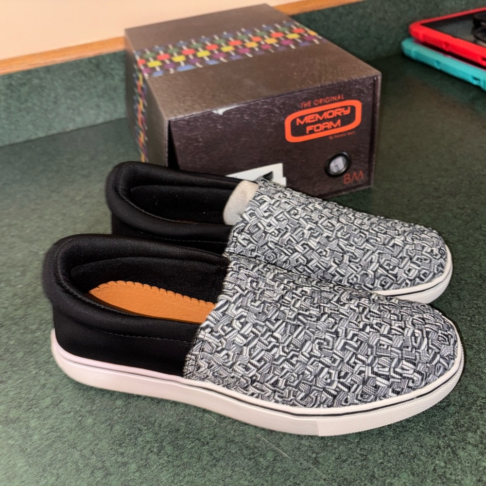 bernie mev. Black and White Slip-On Memory Foam Flats
